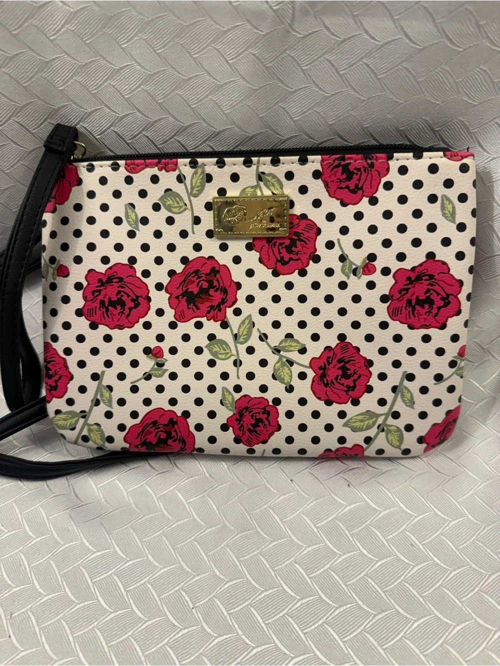 Betsey Johnson White Floral Polka Dot Crossbody Purse with Black Strap